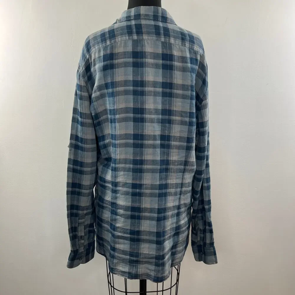 JOHN VARVATOS Blue Gray Plaid Linen Button-Down Collared Pocket Shirt Top Size L
